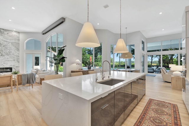 kitchen featuring a large island, light hardwood / wood-style floors, a healthy amount of sunlight, and pendant lighting