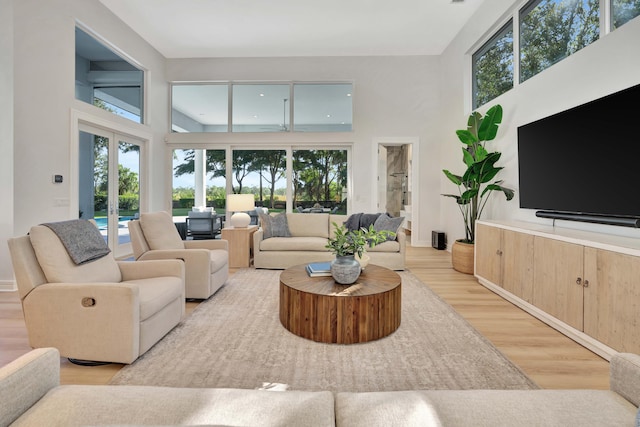 living room featuring french doors, a high ceiling, and light wood-type flooring