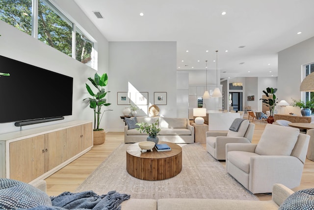 living room featuring a high ceiling and light wood-type flooring