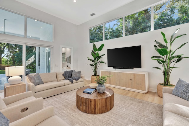 living room featuring hardwood / wood-style floors and a towering ceiling