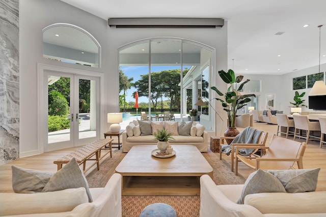 living room with french doors and light hardwood / wood-style floors