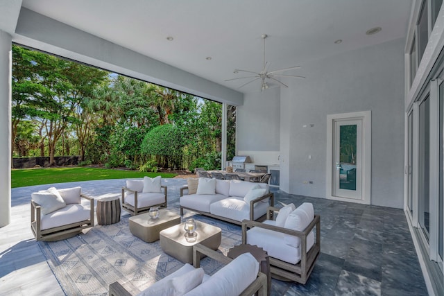 view of patio / terrace with an outdoor living space, a grill, and ceiling fan