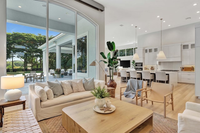 living room with sink and light hardwood / wood-style floors