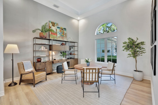 living area featuring a towering ceiling and light hardwood / wood-style flooring