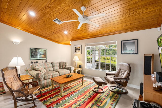 living room featuring lofted ceiling, wooden ceiling, crown molding, and ceiling fan