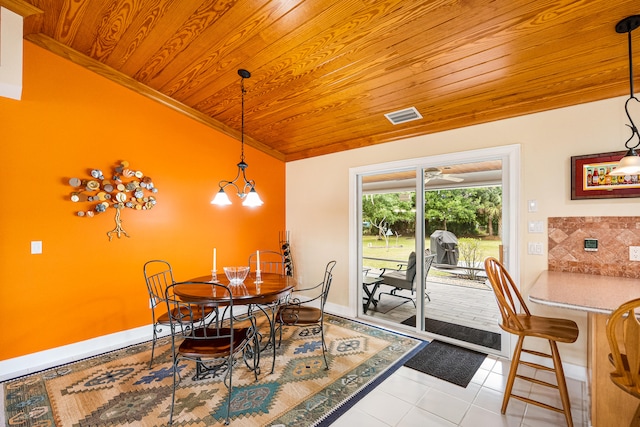 dining space with wood ceiling, ornamental molding, a chandelier, and light tile patterned flooring