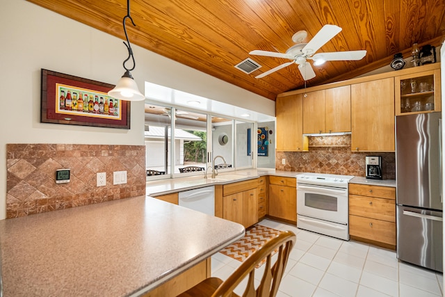 kitchen featuring decorative backsplash, wooden ceiling, pendant lighting, sink, and white appliances