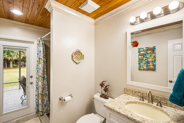 bathroom with wood ceiling, a shower with shower curtain, toilet, vanity, and crown molding