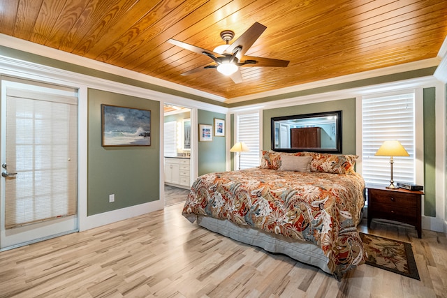 bedroom featuring ensuite bathroom, light wood-type flooring, wood ceiling, ceiling fan, and ornamental molding