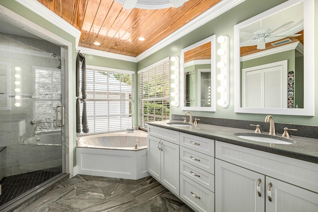 bathroom featuring vanity, separate shower and tub, crown molding, and ceiling fan