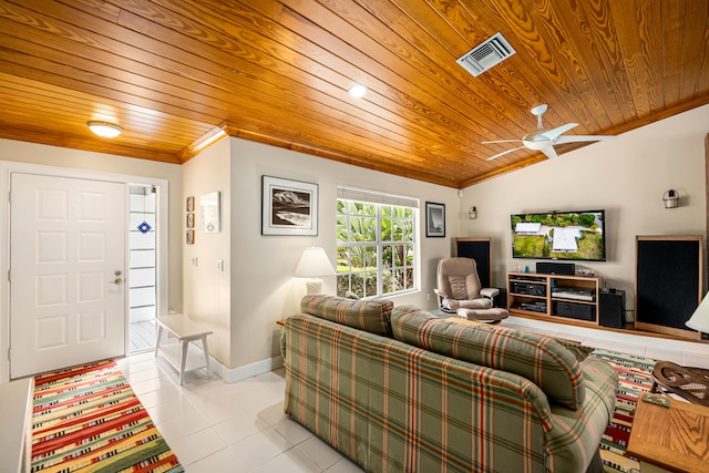 tiled living room with wood ceiling, ornamental molding, vaulted ceiling, and ceiling fan