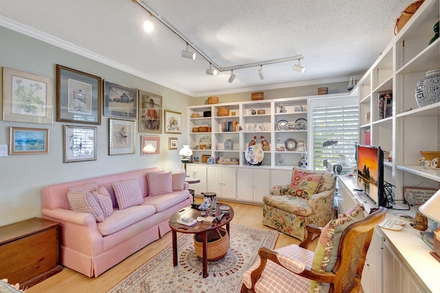 living room featuring crown molding, light hardwood / wood-style flooring, track lighting, and a textured ceiling