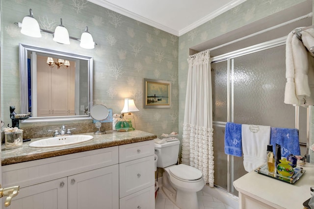 bathroom with toilet, walk in shower, vanity, ornamental molding, and tile patterned flooring