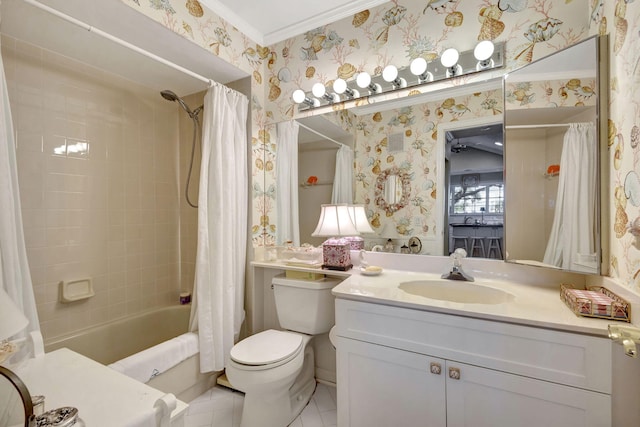 full bathroom with shower / tub combo, toilet, vanity, crown molding, and tile patterned floors