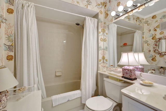 full bathroom with vanity, crown molding, shower / bath combination with curtain, and toilet