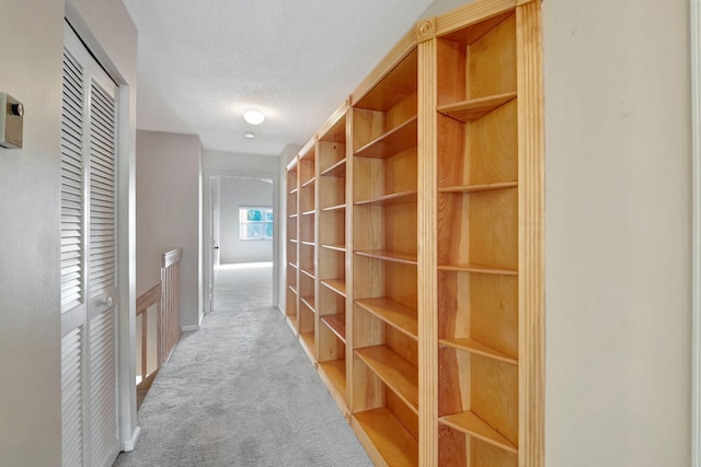 hallway featuring a textured ceiling and light colored carpet