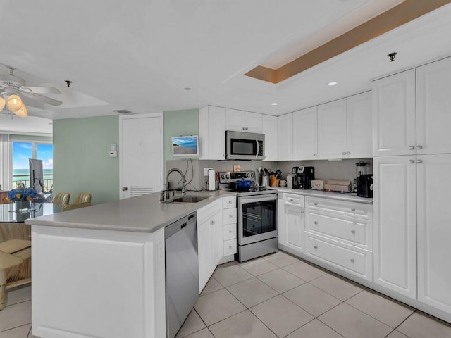 kitchen featuring sink, appliances with stainless steel finishes, white cabinetry, and ceiling fan