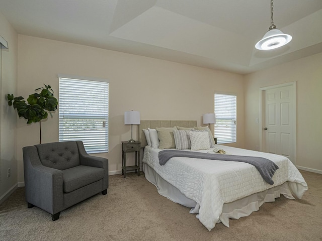 bedroom with light carpet, a raised ceiling, and multiple windows