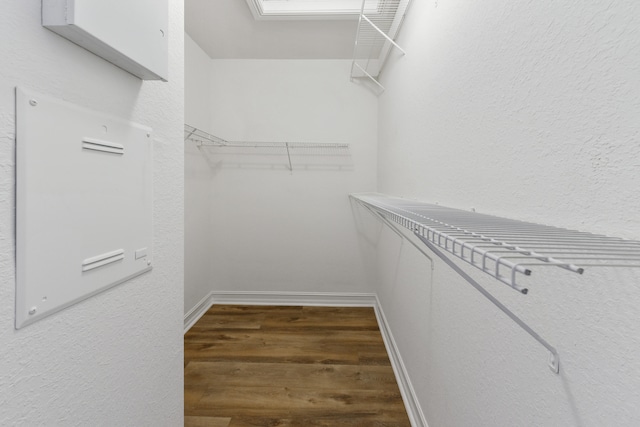 spacious closet with dark hardwood / wood-style flooring