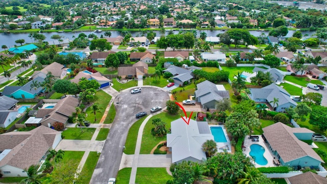 aerial view featuring a water view