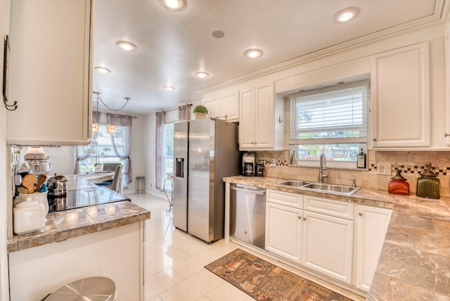 kitchen featuring white cabinets, appliances with stainless steel finishes, sink, and tasteful backsplash