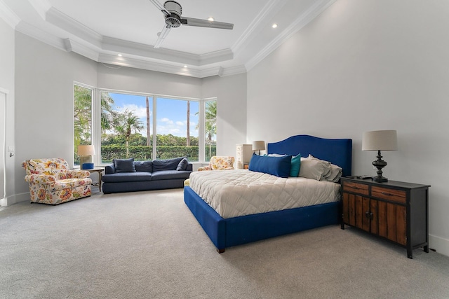 bedroom featuring ceiling fan, light colored carpet, and a high ceiling