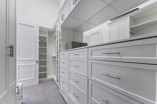 spacious closet featuring light carpet