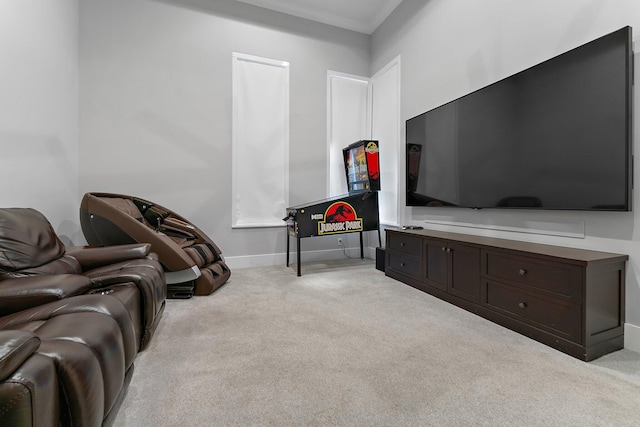 living room featuring ornamental molding and light carpet