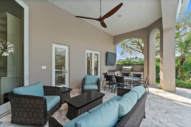 view of patio with a grill, ceiling fan, and an outdoor hangout area