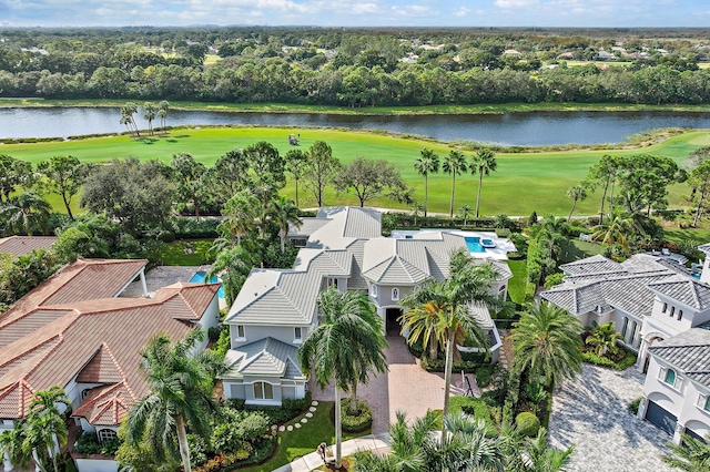 birds eye view of property featuring a water view