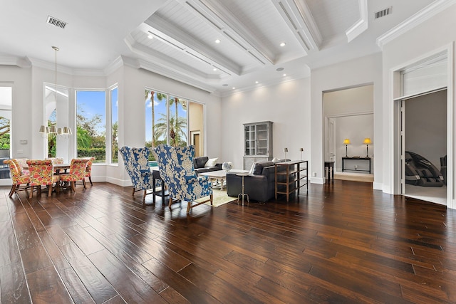 living room with a high ceiling, dark hardwood / wood-style floors, and crown molding