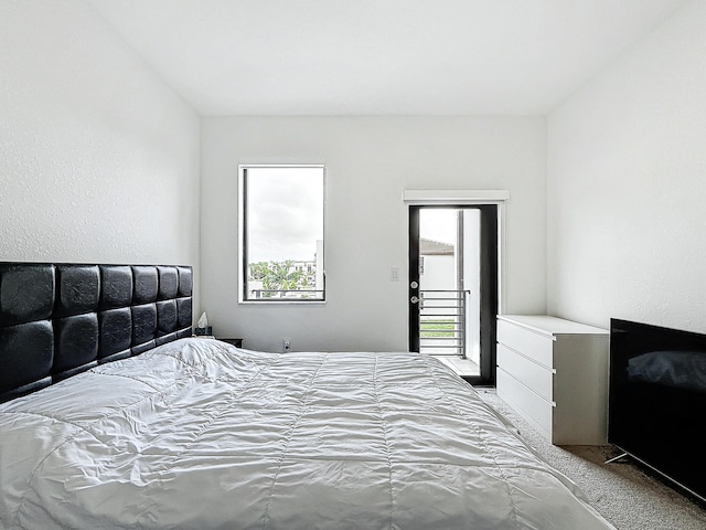 bedroom featuring access to outside and light carpet