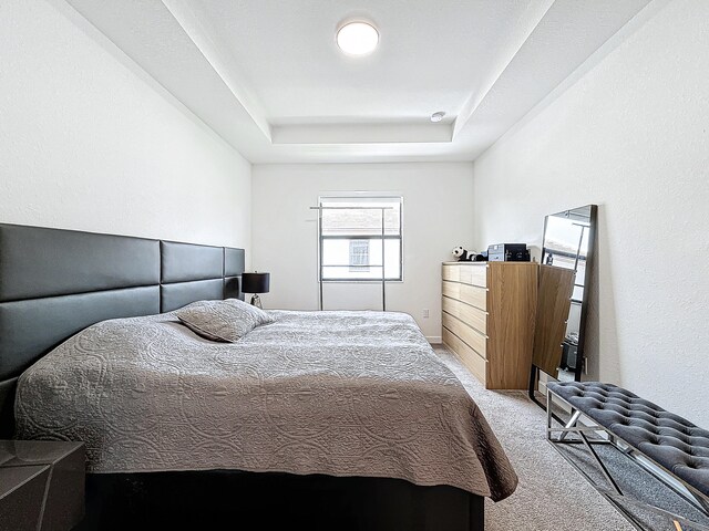 bedroom with light colored carpet and a raised ceiling