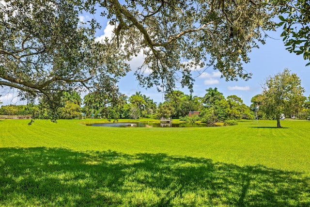 surrounding community featuring a water view and a lawn