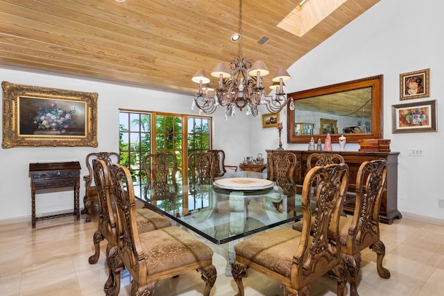 dining space featuring a chandelier, light tile patterned floors, wooden ceiling, and vaulted ceiling