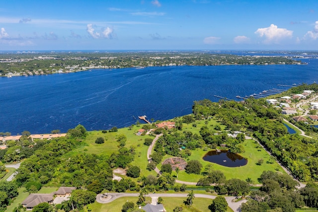 bird's eye view with a water view