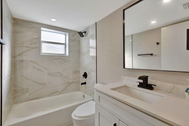 full bath featuring recessed lighting, visible vents, shower / bathing tub combination, toilet, and vanity