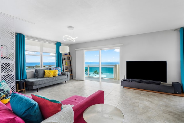 living room featuring light tile patterned flooring