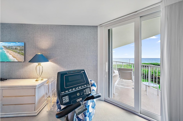 interior space featuring light carpet and a water view