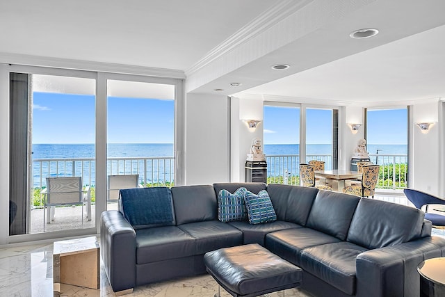 living room featuring ornamental molding, marble finish floor, a water view, and floor to ceiling windows