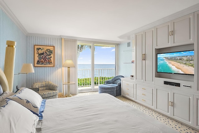 bedroom featuring wallpapered walls, access to exterior, and crown molding