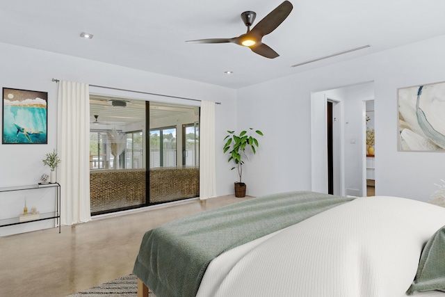 bedroom featuring ceiling fan and access to exterior