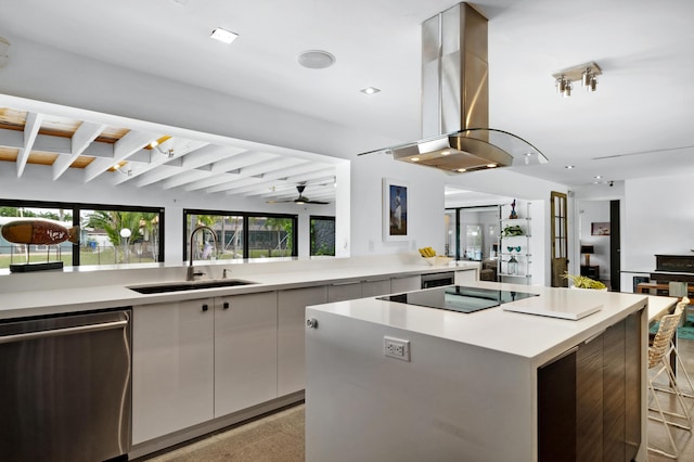 kitchen with sink, island range hood, a healthy amount of sunlight, dishwasher, and black electric stovetop