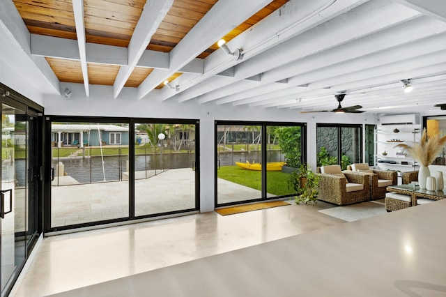 doorway to outside featuring a wall unit AC, wooden ceiling, ceiling fan, and plenty of natural light