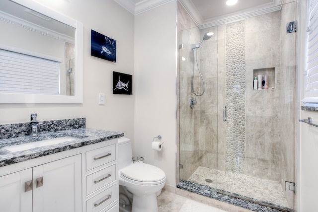 bathroom featuring toilet, a shower with shower door, ornamental molding, and vanity