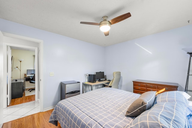 bedroom featuring light hardwood / wood-style floors and ceiling fan