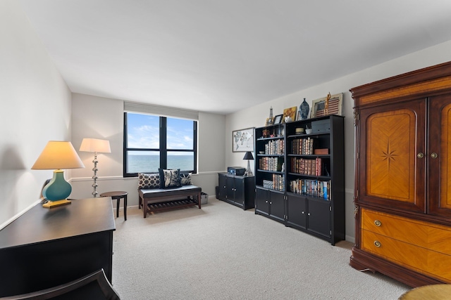 sitting room with a water view and light colored carpet