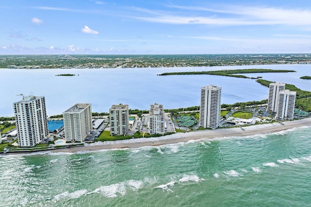 drone / aerial view featuring a water view