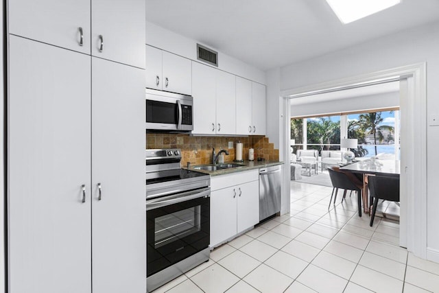 kitchen with stainless steel appliances, white cabinetry, sink, and backsplash