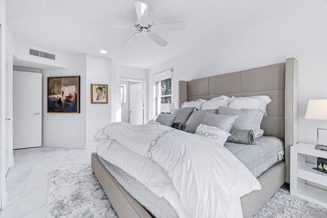 44 Cocoanut Row Unit 120B, Palm Beach, FL 33480 - bedroom featuring ceiling fan, light marble finish flooring, and recessed lighting